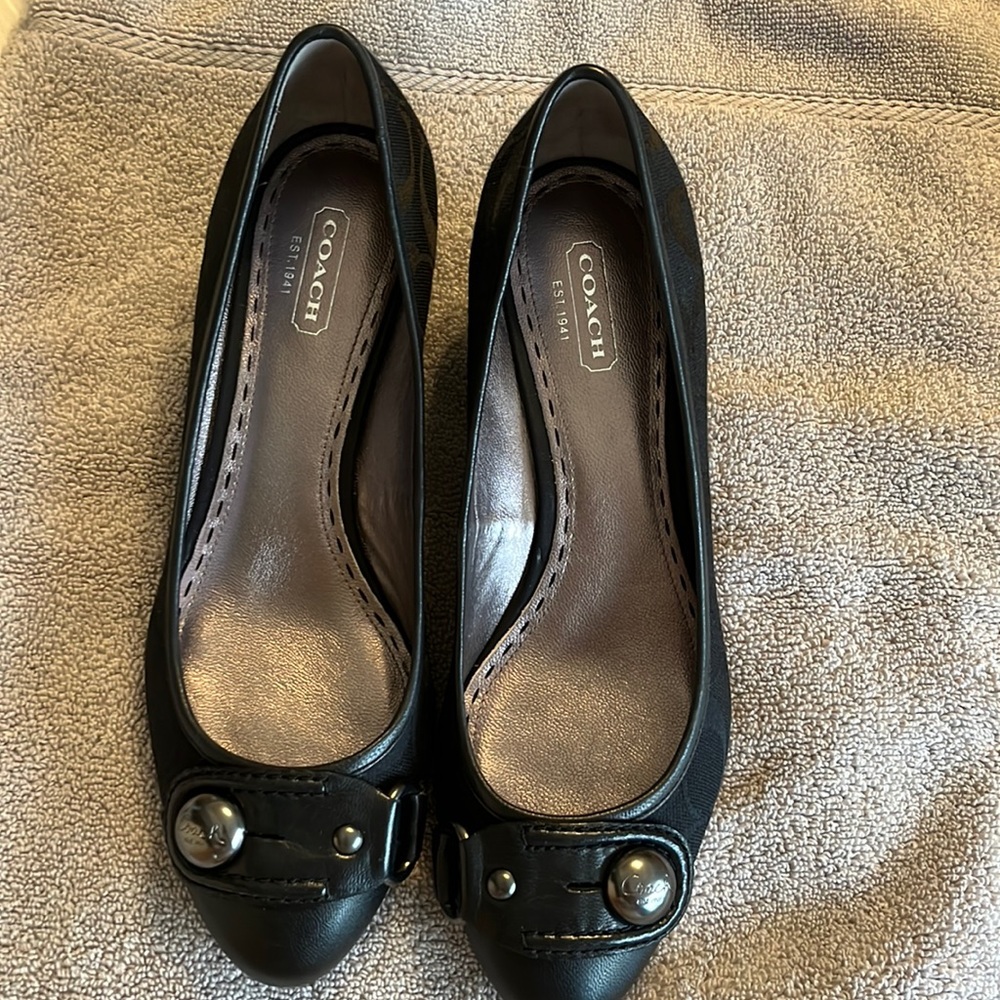 Coach Black Leather Wedges with Buckle